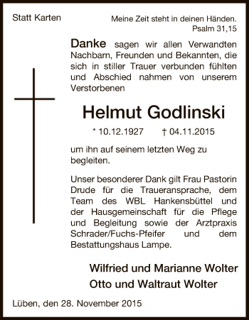 Traueranzeige von Helmut Godlinski von Uelzen