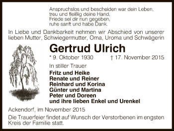 Traueranzeige von Gertrud Ulrich von Uelzen