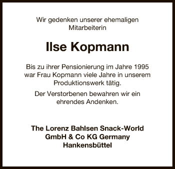 Traueranzeige von Ilse Kopmann von Uelzen