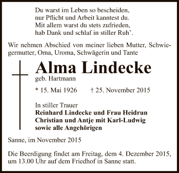 Traueranzeige von Alma Lindecke von Uelzen