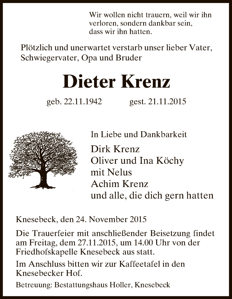  Traueranzeige für Dieter Krenz vom 24.11.2015 aus Uelzen