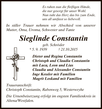 Traueranzeige von Sieglinde Constantin von Uelzen