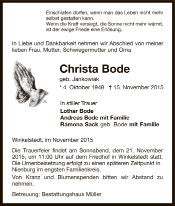 Traueranzeige von Christa Bode von Uelzen