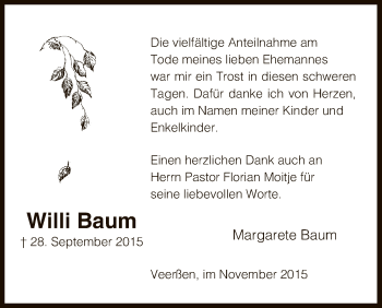 Traueranzeige von Willi Baum von Uelzen