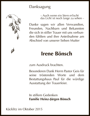 Traueranzeige von Irene Bönsch von Uelzen