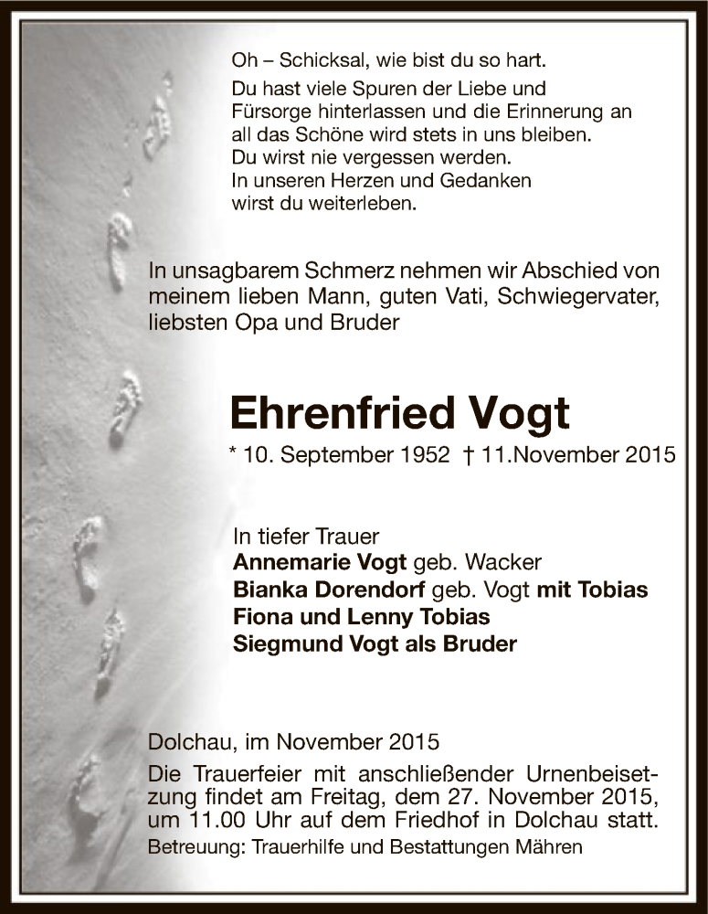  Traueranzeige für Ehrenfried Vogt vom 14.11.2015 aus Uelzen