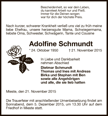 Traueranzeige von Adolfine Schmundt von Uelzen