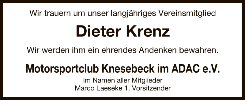  Traueranzeige für Dieter Krenz vom 26.11.2015 aus Uelzen