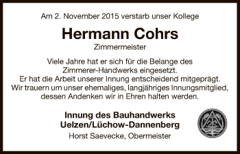 Traueranzeige von Hermann Cohrs von Uelzen