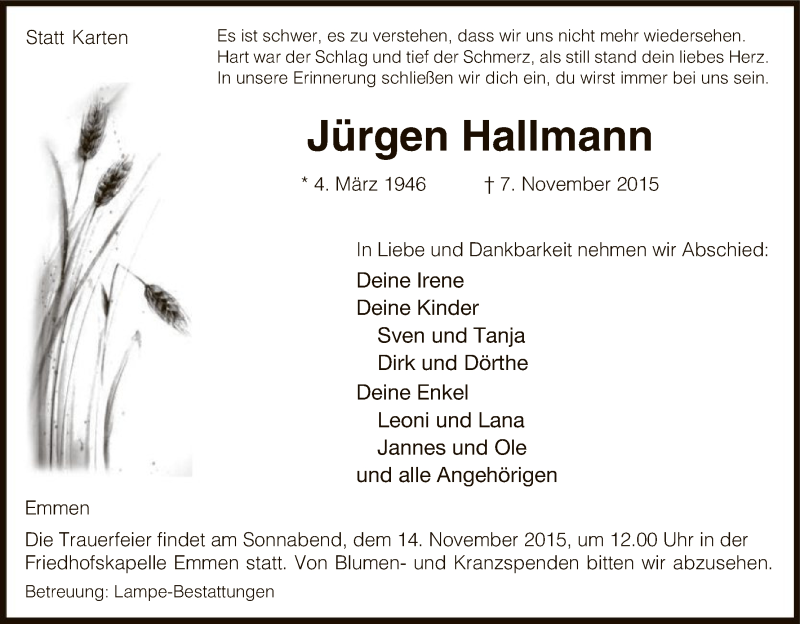  Traueranzeige für Jürgen Hallmann vom 10.11.2015 aus Uelzen