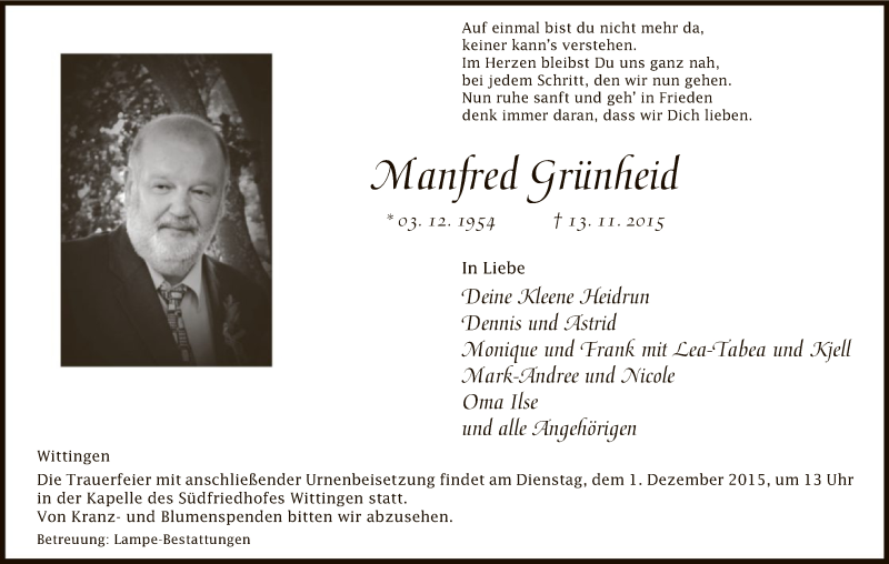  Traueranzeige für Manfred Grünheid vom 17.11.2015 aus Uelzen