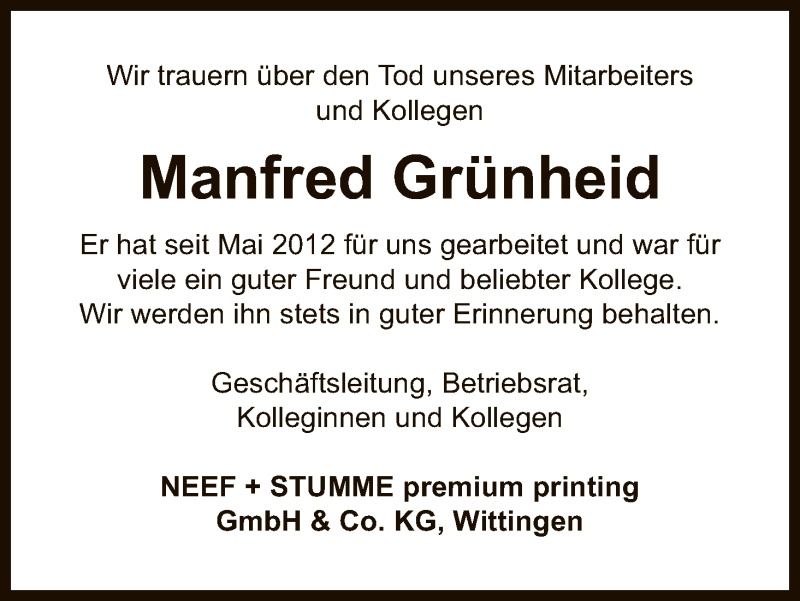  Traueranzeige für Manfred Grünheid vom 18.11.2015 aus Uelzen