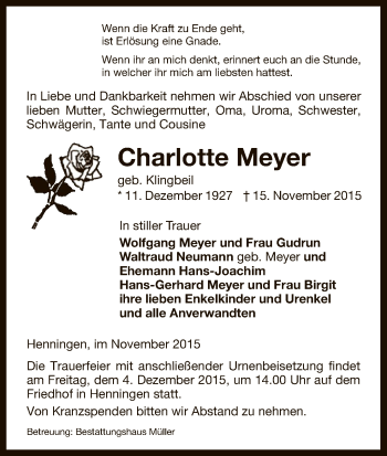 Traueranzeige von Charlotte Meyer von Uelzen