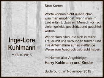 Traueranzeige von Inge-Lore Kuhlmann von Uelzen