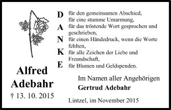 Traueranzeige von Alfred Adebahr von Uelzen