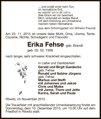 Traueranzeige von Erika Fehse von Uelzen