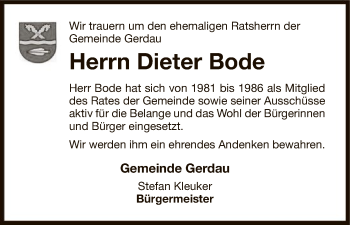 Traueranzeige von Dieter Bode von Uelzen