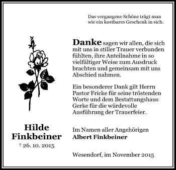 Traueranzeige von Hilde Finkbeiner von Uelzen