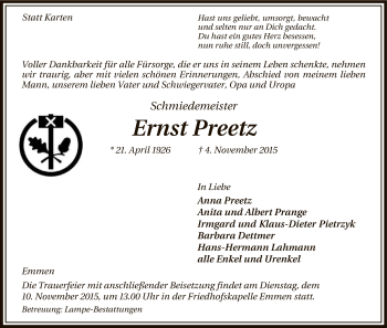 Traueranzeige von Ernst Preetz von Uelzen