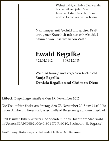 Traueranzeige von Ewald Begalke von Uelzen