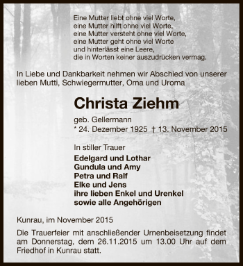 Traueranzeige von Christa Ziehm von Uelzen