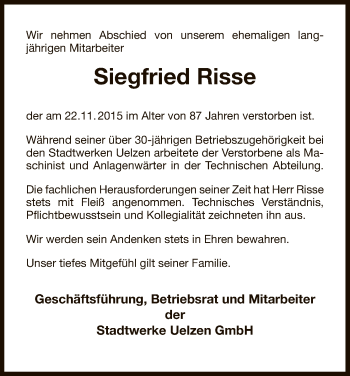 Traueranzeige von Siegfried Risse von Uelzen
