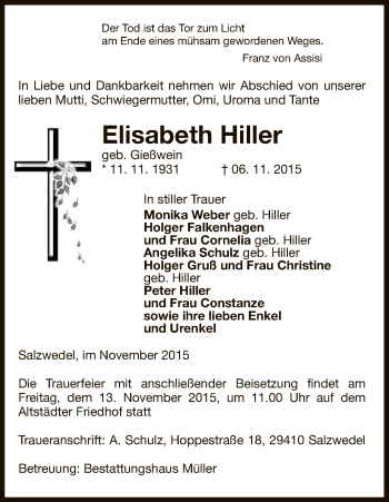 Traueranzeige von Elisabeth Hiller von Uelzen