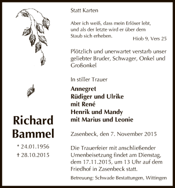 Traueranzeige von Richard Bammel von Uelzen