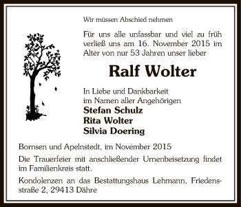 Traueranzeige von Ralf Wolter von Uelzen