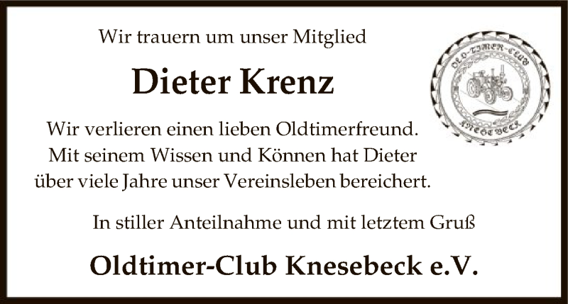  Traueranzeige für Dieter Krenz vom 24.11.2015 aus Uelzen