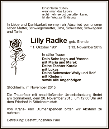 Traueranzeige von Lilly Radke von Uelzen