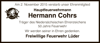 Traueranzeige von Hermann Cohrs von Uelzen