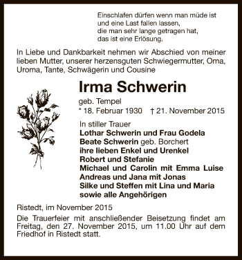 Traueranzeige von Irma Schwerin von Uelzen