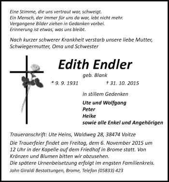 Traueranzeige von Edith Endler von Uelzen