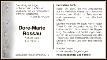 Traueranzeige von Dore-Marie Rossau von Uelzen