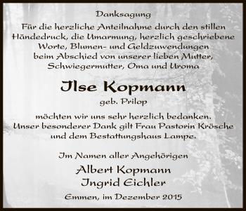 Traueranzeige von Ilse Kopmann von Uelzen