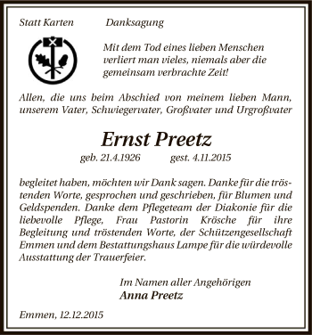 Traueranzeige von Ernst Preetz von Uelzen