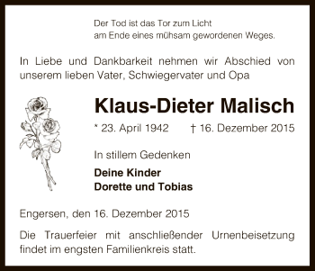 Traueranzeige von Klaus-Dieter Malisch von Uelzen