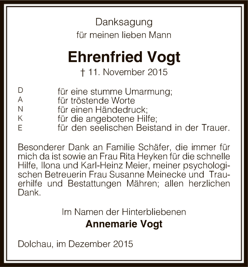  Traueranzeige für Ehrenfried Vogt vom 12.12.2015 aus Uelzen