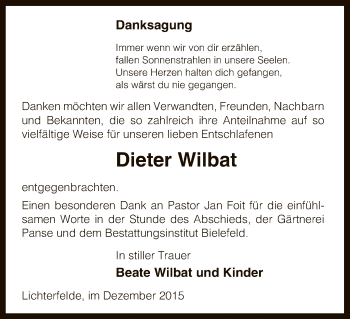 Traueranzeige von Dieter Wilbat von Uelzen