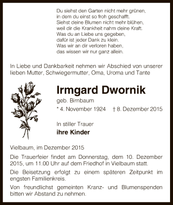 Traueranzeige von Irmgard Dwornik von Uelzen