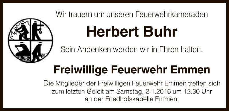  Traueranzeige für Herbert Buhr vom 30.12.2015 aus Uelzen