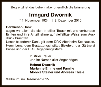 Traueranzeige von Irmgard Dwornik von Uelzen