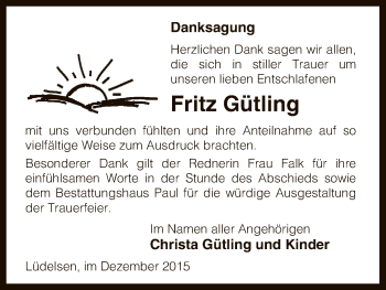 Traueranzeige von Fritz Gütling von Uelzen