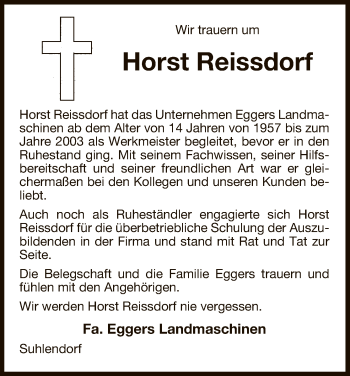 Traueranzeige von Horst Reissdorf von Uelzen