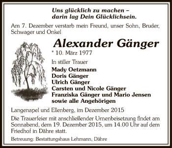 Traueranzeige von Alexander Gänger von Uelzen