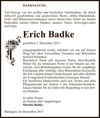 Traueranzeige von Erich Badke von Uelzen