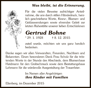 Traueranzeige von Gertrud Bohne von Uelzen