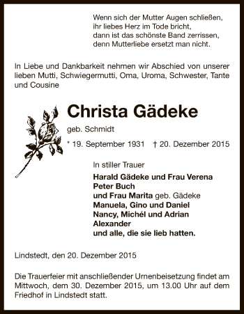 Traueranzeige von Christa Gädeke von Uelzen