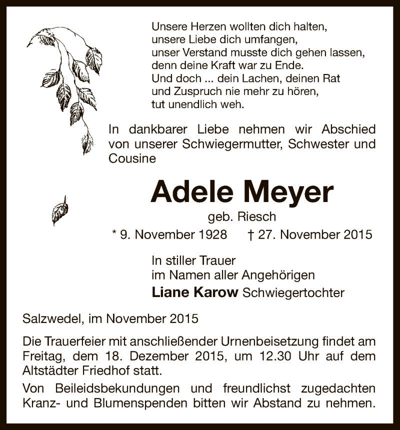  Traueranzeige für Adele Meyer vom 02.12.2015 aus Uelzen